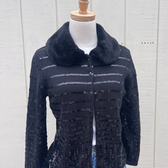 Elana Carello Black Sequin Sweater with Faux Fur Trim Size Small - Picture 4 of 8